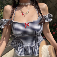 Sweet casual plaid lace girly style top small shirt - Thumbnail 5