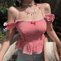 Sweet casual plaid lace girly style top small shirt - Thumbnail 2