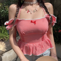 Sweet casual plaid lace girly style top small shirt - Thumbnail 1