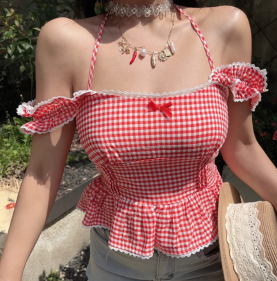 Sweet casual plaid lace girly style top small shirt