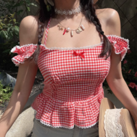 Sweet casual plaid lace girly style top small shirt - Thumbnail 6