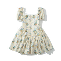 Floral Printed Tulle Lace Square Neck Puff Sleeve Dress - Thumbnail 4