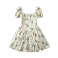 Floral Printed Tulle Lace Square Neck Puff Sleeve Dress - Thumbnail 5