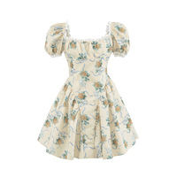 Floral Printed Tulle Lace Square Neck Puff Sleeve Dress - Thumbnail 3