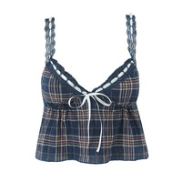 Retro plaid drawstring butterfly strap top with small camisole - Thumbnail 2
