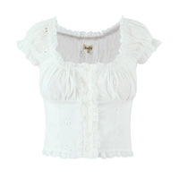 Embroidered hollow lace patchwork white top - Thumbnail 2