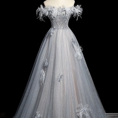 Gray blue tulle beads long prom party dress - Thumbnail 2