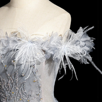 Gray Blue Tulle Beads Long Prom Party Dress - Thumbnail 2