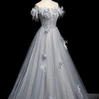 Gray Blue Tulle Beads Long Prom Party Dress - Thumbnail 3