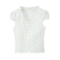 Retro romantic lace V-neck embroidered buttoned waist top - Thumbnail 1