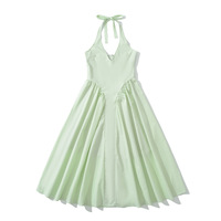 Holiday leisure fresh solid color strap halter neck stitching large swing dress - Thumbnail 2