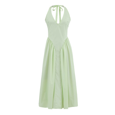 Holiday leisure fresh solid color strap halter neck stitching large swing dress