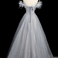 Gray Blue Tulle Beads Long Prom Party Dress - Thumbnail 5
