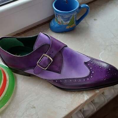 Handmade men's purple leather skin single monk strap dress shoes