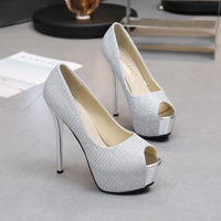  14cm Women's Ultra-High Stiletto Peep-Toe Pumps with Glittering - Thumbnail 3