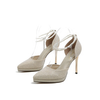 Women's Pointed-Toe Stiletto Sandals with Pearl Chain & Gold-Foil Back Strap  - Thumbnail 4