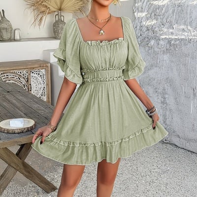 Casual holiday style solid color ruffled short-sleeved dress
