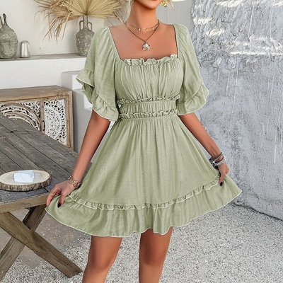 Casual holiday style solid color ruffled short-sleeved dress