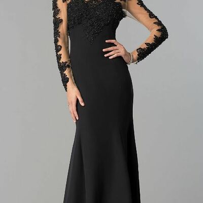 Elegant sheath navy blue long sleeve lace appliques mother of the bride/groom dress evening formal dress