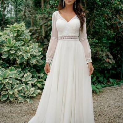 Simple a line lace long sleeve wedding dress bridal gown wedding gown