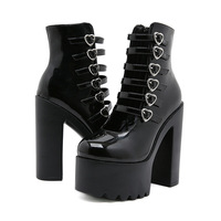 Gothic Punk Heart Buckles Strap Heeled Boots - Thumbnail 5