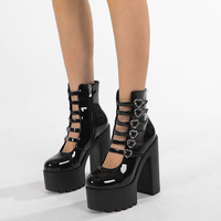Gothic Punk Heart Buckles Strap Heeled Boots - Thumbnail 1