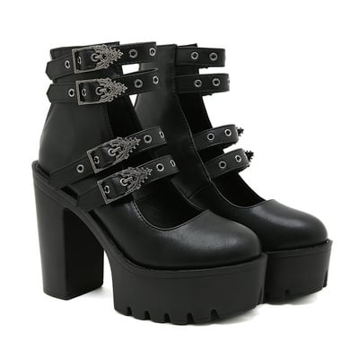 Gothic punk studs buckle heeled boots