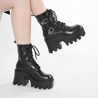 Basic Black Lace Up Heeled Boots - Thumbnail 2