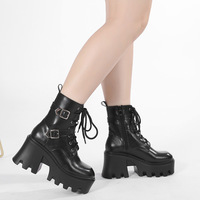 Basic Black Lace Up Heeled Boots - Thumbnail 4