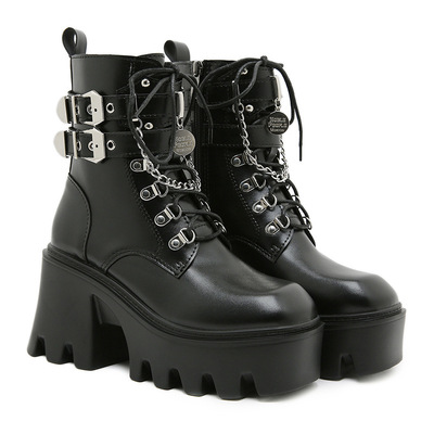 Punk Metal Buckles Heeled Boots With Chain