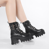 Punk Metal Buckles Heeled Boots With Chain - Thumbnail 3