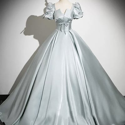 Gray green satin long a-line prom party dress