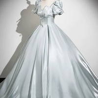 Gray Green Satin Long A-Line Prom Party Dress - Thumbnail 1