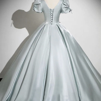 Gray Green Satin Long A-Line Prom Party Dress - Thumbnail 2