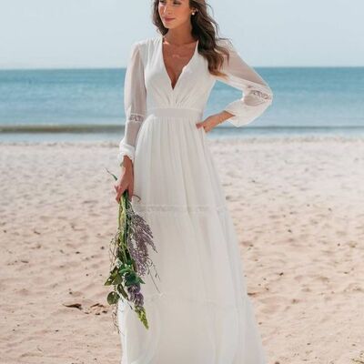 Simple a line long sleeve v neck beach boho wedding dress bridal gown wedding gown