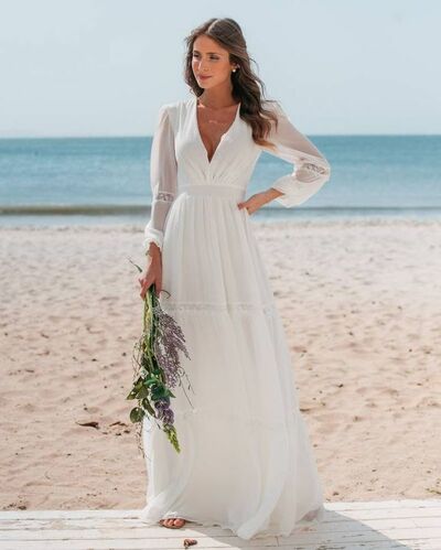 Simple A Line Long Sleeve V Neck Beach Boho Wedding Dress Bridal Gown Wedding Gown