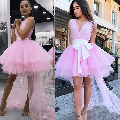 V Neck Pink Prom Dresses with Removable Sash