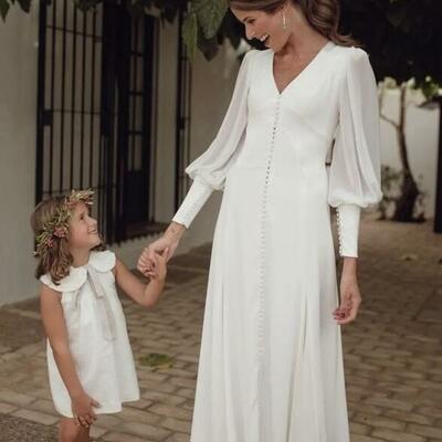 Simple a line chiffon long sleeve wedding dress bridal gown wedding gown