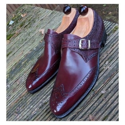 Handmade men burgundy grain leather monk strap dress shoes - Thumbnail 1