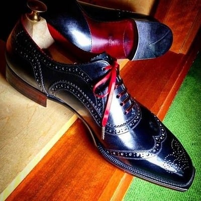 Handmade Men Black Calf  Leather Wingtip Oxford Dress Shoes