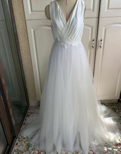 Satin and Tulle Wedding Dresses, Long Simple Bridal Dress