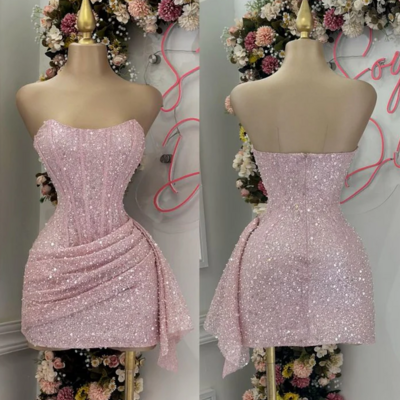 Strapless pink sequins mini homecoming dresses