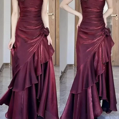 Spaghetti straps wine red sexy prom dress tiered 3d flower 