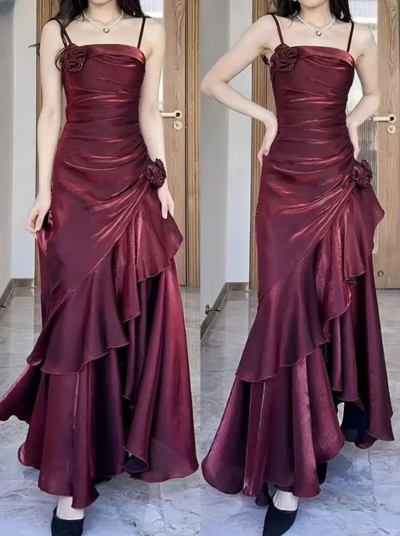 Spaghetti Straps Wine Red Sexy Prom Dress Tiered 3D Flower 
