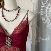 Mermaid V Neck Lace Burgundy Long Prom Dresses With Split - Thumbnail 1