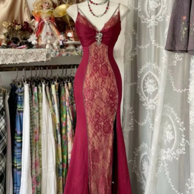 Mermaid v neck lace burgundy long prom dresses with split