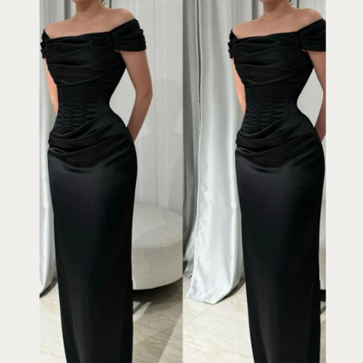 Floor length off the shoulder black prom dresses