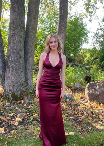 Simple Burgundy V Neck Long Stain Party Dresses