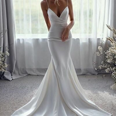 Simple sexy mermaid satin wedding gown, bridal gown wedding dress