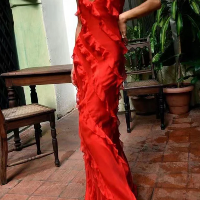 New style elegant red ruffles v neck long evening dresses - Thumbnail 1